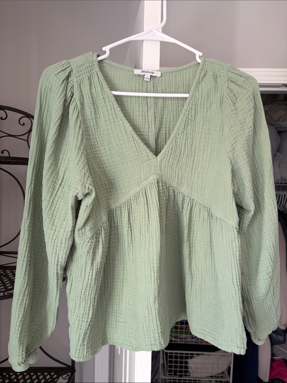 Madewell Green Gauze V-Neck Peasant Blouse